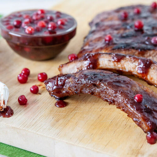 Lingonberry and rum glazed baby back ribs