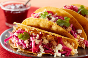 Chicken tacos with lingonberry slaw