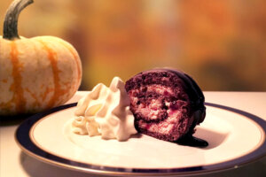 Chocolate Swiss roll with lingonberry cream filling